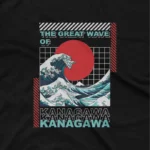 close up image of Apparel by Cetakshop Classic Great Wave graphic tee, featuring a stylized design on a Black background. The image shows a classic great wave graphic tees.