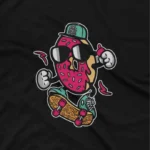 close up image of Apparel by Cetakshop Delicious donut Character graphic tee, featuring a stylized design on a Black background. The image shows a donut skater graphic tees.
