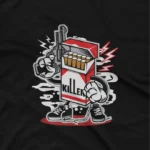 close up image of Apparel by Cetakshop Killer Ciggie graphic tee, featuring a stylized design on a Black background. The image shows a ciggie graphic tees.