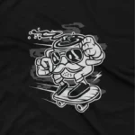 close up image of Apparel by Cetakshop Skateboarding coffee mug graphic tee, featuring a stylized design on a Black background. The image shows a skater mug graphic tees.