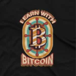 close up image of Apparel by Cetakshop Bitcoin Earn graphic tee, featuring a stylized design on a Black background. The image shows a bitcoin graphic tees.