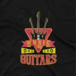 close up image of A Black tee with a 'Live Music Guitars' design, celebrating the love for music, by Apparel by Cetakshop. The image shows a electric guitar graphic tees.