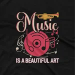 close up image of A Black tee with a 'Music is Art' theme, for art and melody connoisseurs, from Apparel by Cetakshop. The image shows a music is art graphic tees.