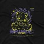 close up image of A Black tee featuring a teddy bear design from Apparel by Cetakshop. The image shows a streetwear teddy bear tee.