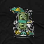 close up image of A Black tee with a playful money and umbrella design, from Apparel by Cetakshop, for the stylish saver. The image shows a money umbrella graphic tees.