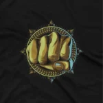 close up image of A Black tee featuring a golden fist, from Apparel by Cetakshop, representing power and success. The image shows a golden fist graphic tees.