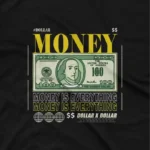 close up image of Black graphic tee with a stylized $100 bill design, part of Apparel by Cetakshop's unique money bill themed collection. The image shows a money bill graphic tees.