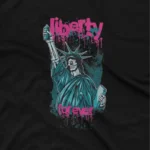 close up image of Black graphic tee from Apparel by Cetakshop showcasing the Statue of Liberty with a modern twist, symbolizing eternal freedom. The image shows a liberty forever graphic tees.