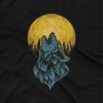 close up image of Howling Wolf Graphic Tees image where a wolf is howling front of a full moon, from Apparel by Cetakshop, invoking the call of the wild.