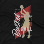 close up image of A Black tee depicting a vintage basketball player, from Apparel by Cetakshop, for those who love the game. The image shows a basketball legends graphic tees.