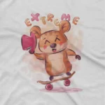 close up image of Extreme Sports Bear Tee by Apparel by Cetakshop. An adventurous bear on a skateboard on a kids White t-shirt, perfect for your little daredevil.