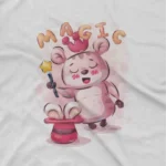 close up image of Magical Bear Tee by Apparel by Cetakshop. A bear performing magic tricks on a kids White t-shirt, casting a spell of style.