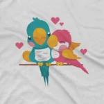 close up image of Lovebirds Tee by Apparel by Cetakshop. Two cute lovebirds on a kids White t-shirt, perfect for your little lovebird.