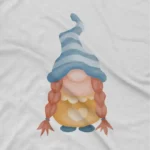 close up image of Sweet Gnome Tee by Apparel by Cetakshop. A whimsical gnome on a kids White t-shirt, perfect for a touch of garden magic.