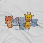 close up image of Animal Friends Tee by Apparel by Cetakshop. A collection of cute animals saying 'Have a Nice Day' on a kids White t-shirt, ideal for daily wear.
