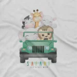 close up image of Safari Adventure Tee by Apparel by Cetakshop. A fun safari jeep with animal friends on a kids White t-shirt, for little explorers.