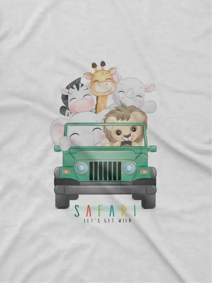 close up image of Safari Adventure Tee by Apparel by Cetakshop. A fun safari jeep with animal friends on a kids White t-shirt, for little explorers.