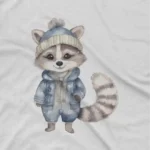 close up image of Trendy Raccoon Tee by Apparel by Cetakshop. A stylish raccoon in clothes on a kids White t-shirt, for trendsetting tots.