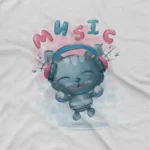 close up image of Musical Cat Tee by Apparel by Cetakshop. A cat with headphones on a kids White t-shirt, for little music lovers.