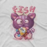 close up image of Fishy Fun Tee by Apparel by Cetakshop. A playful cat with fish on a kids White t-shirt, for a swimmingly good look.