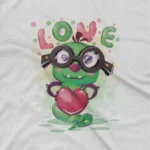 close up image of Heart Monster Tee by Apparel by Cetakshop. A lovable heart-holding monster printed on a kids White t-shirt, making for a sweet style statement.