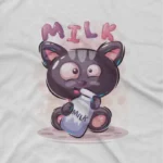 close up image of Milk Monster Tee by Apparel by Cetakshop. A cartoon cat with a milk bottle on a kids White t-shirt, for the sweetest look.