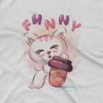 close up image of Funny Cat with Coffee Tee by Apparel by Cetakshop. A child's White t-shirt with a cute cartoon cat holding a coffee mug design from Apparel by Cetakshop, perfect for adding a fun twist to kids' casual wear.