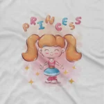 close up image of Princess with Cupcake Tee by Apparel by Cetakshop. White t-shirt for kids with an adorable princess and cupcake graphic, a delightful addition to any young girl's outfit collection.
