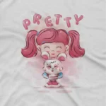 close up image of Pretty Pink Hairstyle Tee by Apparel by Cetakshop. Kid's White t-shirt featuring a pretty pink hairstyle cartoon, fusing fashion with playful charm.