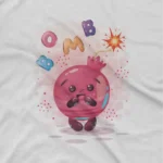 close up image of Pomegranate Comic bomb Tee by Apparel by Cetakshop. Kids' White t-shirt with a pomegranate character amidst comic-style 'bomb' graphics, from Apparel by Cetakshop.