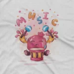 close up image of Pomegranate Jam Session Tee by Apparel by Cetakshop. White kids' t-shirt showcasing a pomegranate character playing the drums, a musical motif.