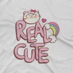 close up image of Cat and Rainbow Tee by Apparel by Cetakshop. Kids' White t-shirt featuring a Real Cute Cat and Rainbow, adding a touch of magic to everyday wear.