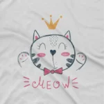 close up image of Meow Crown Cat Tee by Apparel by Cetakshop. Charming Meow Crown Cat kids' White t-shirt, fit for your little prince or princess.