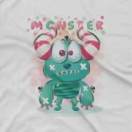 close up image of Monster Cartoon Tee by Apparel by Cetakshop. A friendly monster cartoon design on a kids White t-shirt, perfect for daily wear and imaginative play.