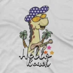 close up image of Hello Beach Giraffe Tee by Apparel by Cetakshop. Giraffe sporting sunglasses on a kids' White t-shirt, capturing the essence of beach fun.