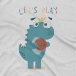 close up image of Dino Basketballer 2 Tee by Apparel by Cetakshop. Athletic Dinosaur Basketball Player graphic on a kids' White t-shirt, for sporty and fun style.