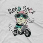 close up image of Road Racer Teddy Tee by Apparel by Cetakshop. Cool Road Race Bear on a motorcycle on a kids' White t-shirt, for the little rebels with a cause.