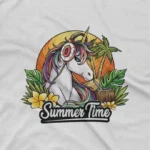 close up image of Summer Time Unicorn Tee by Apparel by Cetakshop. Kids' White t-shirt featuring a Summer Time Unicorn, infused with vibrant colors and joyful designs.