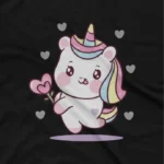 close up image of Love Hearts Unicorn Tee by Apparel by Cetakshop. Love Hearts Unicorn design on a kids' Black t-shirt from Apparel by Cetakshop, filled with sweetness and charm.