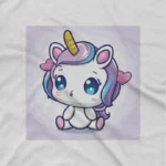 close up image of Cute Unicorn Tee by Apparel by Cetakshop. Kids' White t-shirt with a Cute Unicorn Square design, perfect for young dreamers.