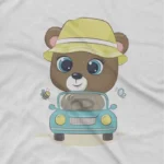 close up image of Explorer Bear Tee by Apparel by Cetakshop. Explorer Bear adorning a kids' White t-shirt, inspiring adventure and discovery.