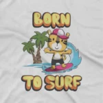 close up image of Born To Surf Tee by Apparel by Cetakshop. Surfing Tiger graphic on a kids' White t-shirt from Apparel by Cetakshop, for the little ones who love the ocean.