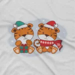 close up image of Twin Tigers with Gifts Tee by Apparel by Cetakshop. Twin Tigers with Gifts kids t-shirt design from Apparel by Cetakshop on a white tee.