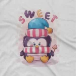 close up image of Dreams Penguin Tee by Apparel by Cetakshop. A dreamy penguin with nightcap on a kids White t-shirt, ideal for bedtime or comfy play.