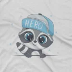 close up image of Cute Raccoon with Cap Tee by Apparel by Cetakshop. Heroic Raccoon with Cap kids t-shirt design from Apparel by Cetakshop on a white tee.