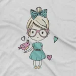 close up image of Lovely Friend Tee by Apparel by Cetakshop. Fashionable Girl with a Lovely Friend kids t-shirt design from Apparel by Cetakshop on a white tee.