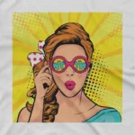 close up image of Fashion Pop Art Tee by Apparel by Cetakshop. T Shirt for women decorated with Woman in comic pop art design print T-shirt for women.