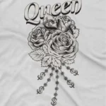 close up image of Royal Rose Tee by Apparel by Cetakshop. T Shirt for women decorated with Queen and rose graphic design print.