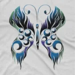 close up image of Tranquil Flutter Tee by Apparel by Cetakshop. T Shirt for women decorated with Abstract Peacock Feather design print.