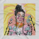 close up image of Artistic Portrait Tee by Apparel by Cetakshop. T Shirt for women decorated with colorful artistic portrait print, a creative piece.